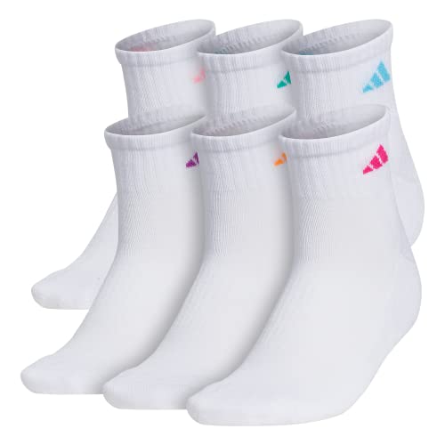 adidas womens Athletic Cushioned Quarter Socks With Arch Compression (6-Pair), White/Shock Pink/Bright Cyan, Medium adidas womens Athletic Cushioned Quarter Socks With Arch Compression (6-Pair), White/Shock Pink/Bright Cyan, Medium