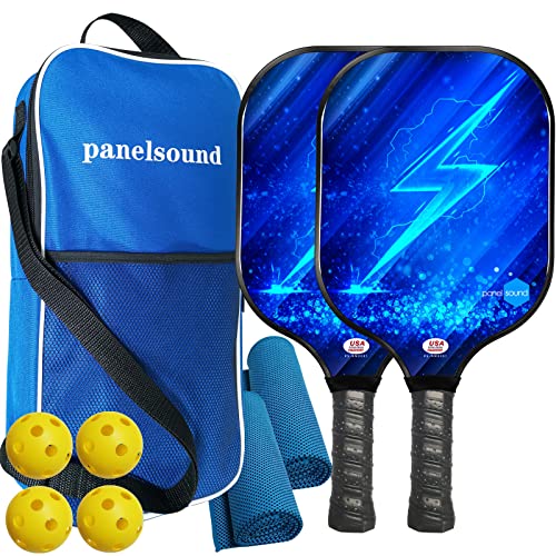 Panel Sound USAPA Approved Pickleball Paddle Lightweight Pickleball Paddles Set of 2, Fiberglass Pickleball Rackets Set, 1 Carrying Case, 2 Cooling Towels & 4 Indoor Balls