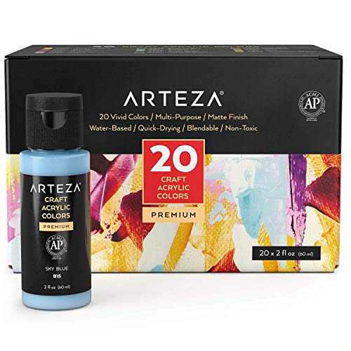 ARTEZA Craft Acrylic Paint, Set of 20 Colors, 2oz/60 ml Bottles, Water-Based, Matte Finish Paints, Art Supplies for Art & DIY Projects on Glass, Wood, Ceramics, Fabrics, Leather, Paper & Canvas ARTEZA Craft Acrylic Paint, Set of 20 Colors, 2oz/60 ml Bottles, Water-Based, Matte Finish Paints, Art Supplies for Art & DIY Projects on Glass, Wood, Ceramics, Fabrics, Leather, Paper & Canvas