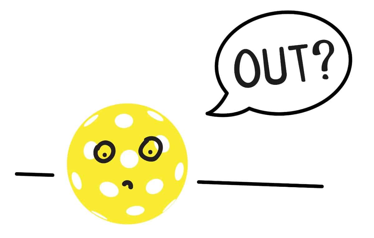 A pickleball vector with a bubble that says "out".